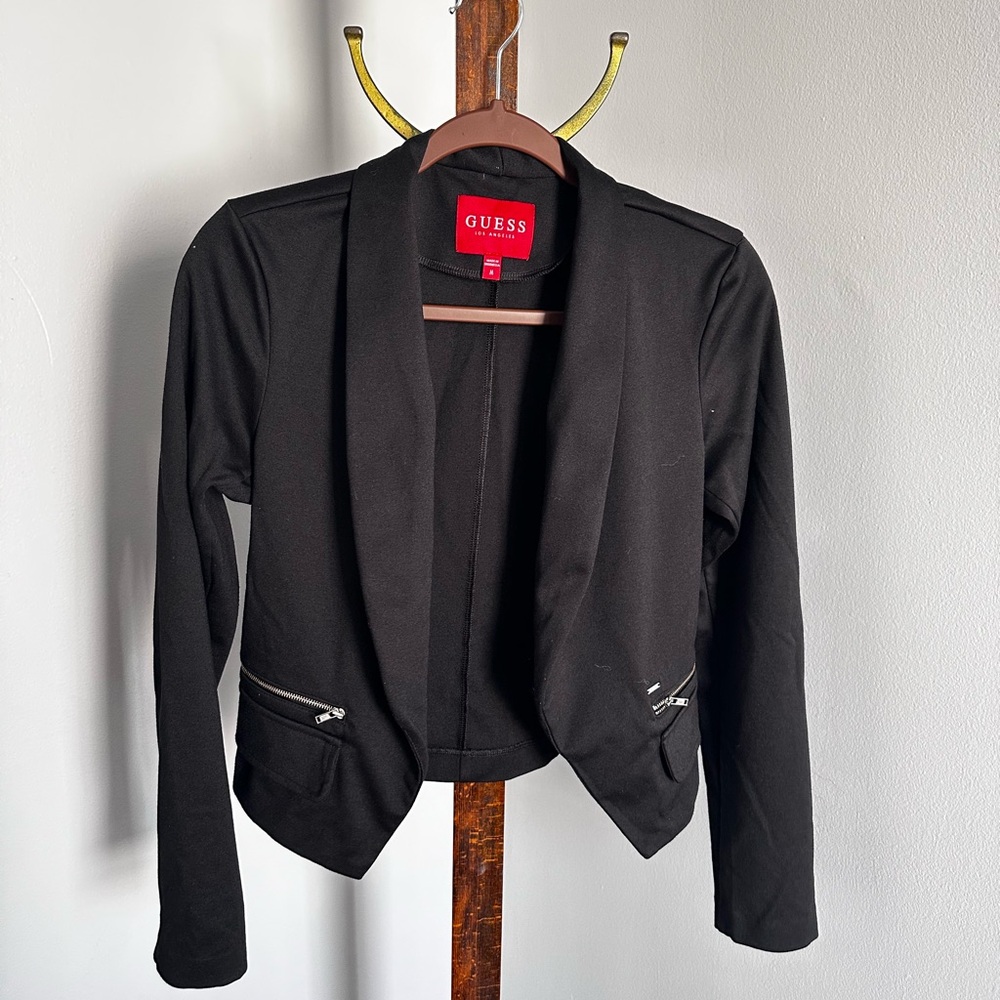 Guess Black Blazer with Waterfall Collar and Cropped Design